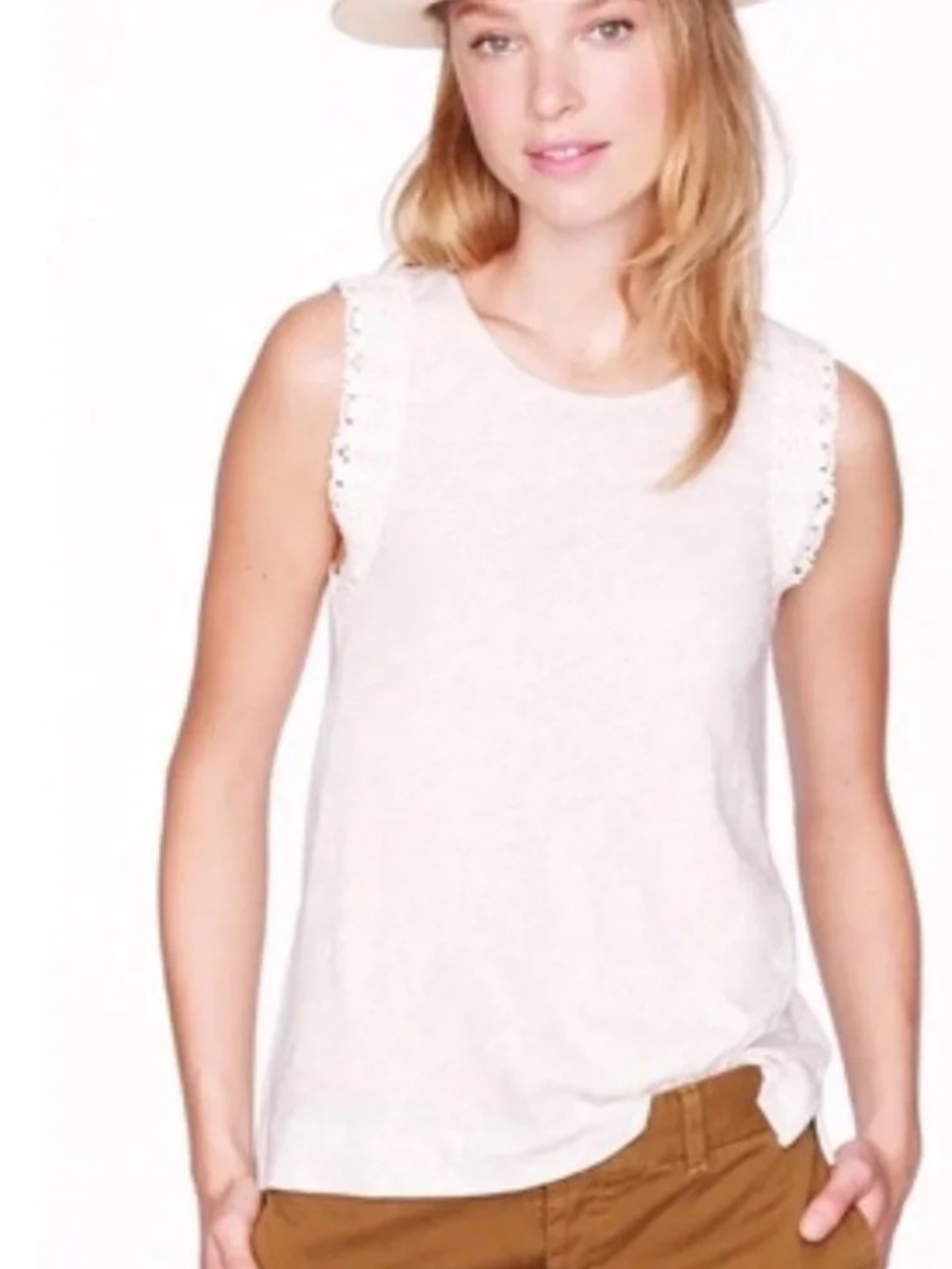 J.Crew crochet trim sleeveless top in white; Size S; Pre-loved